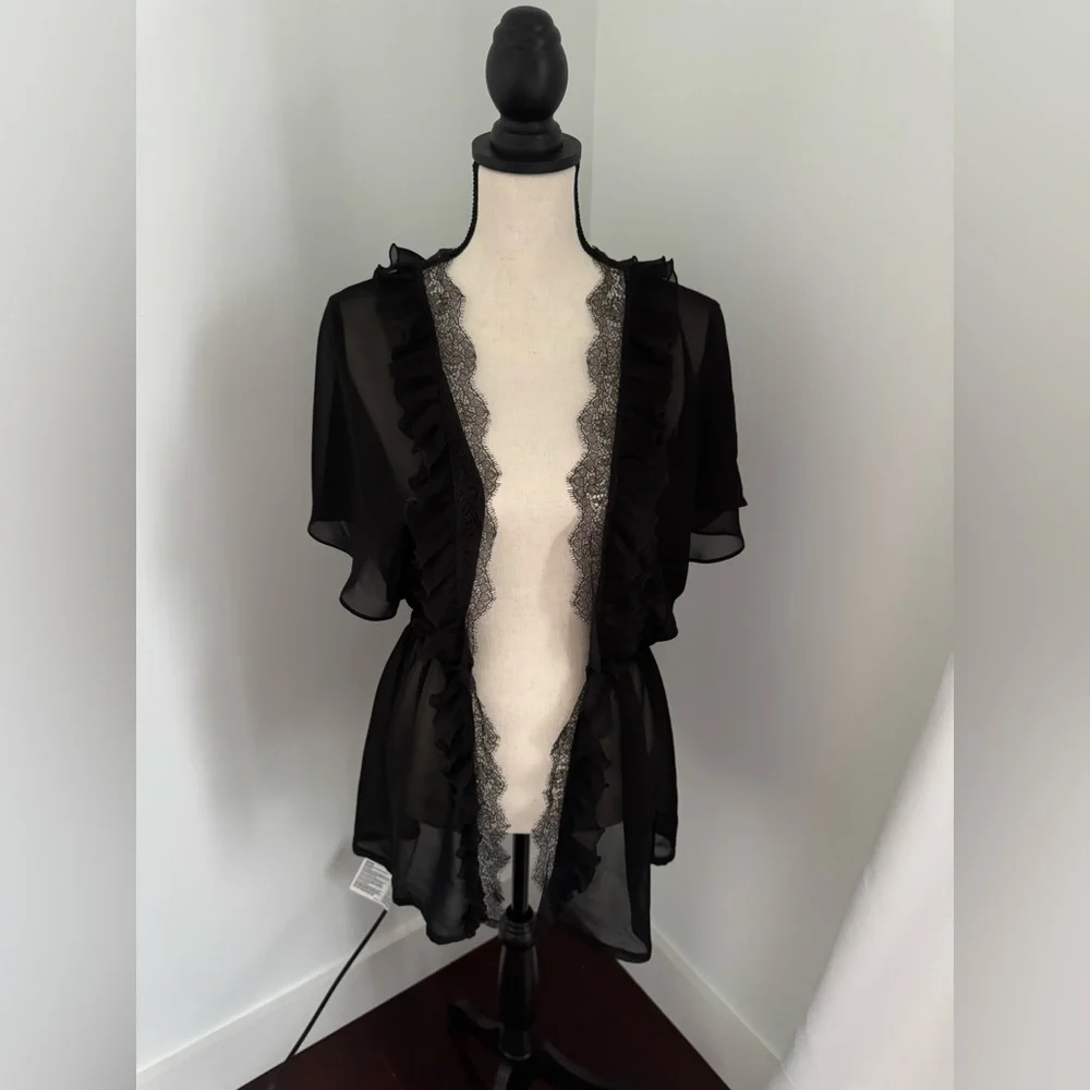 New Victoria’s Secret Black Lace Trim Sexy Cover Up Dress Lingerie Robe medium